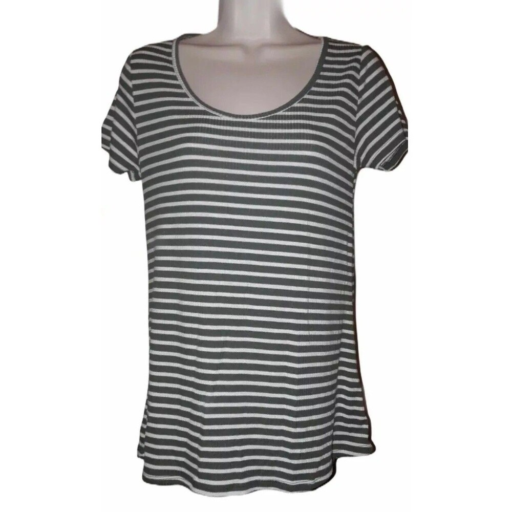 LulaRoe Olive Green White Striped Short-sleeve Stretch Ribbed Top Size XXS